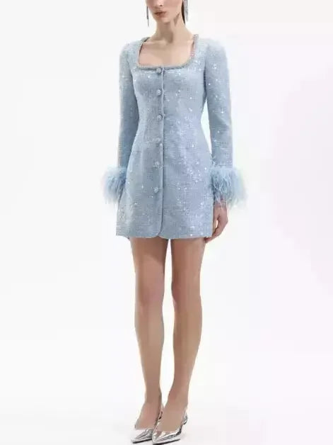 Blue Boucle Sequin Dress with Feather Trim - Dresses