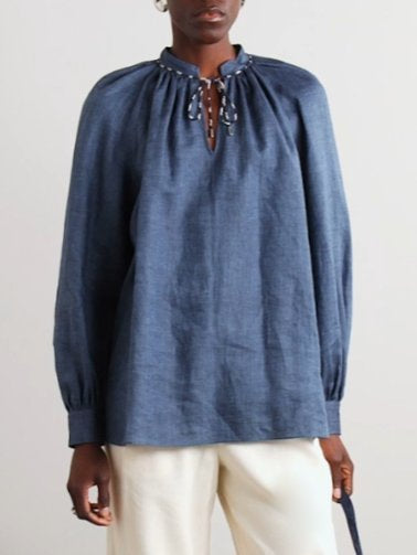 Blue Chambray Tie-Collar Blouse - Tops