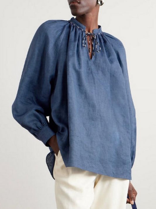 Blue Chambray Tie-Collar Blouse - Tops