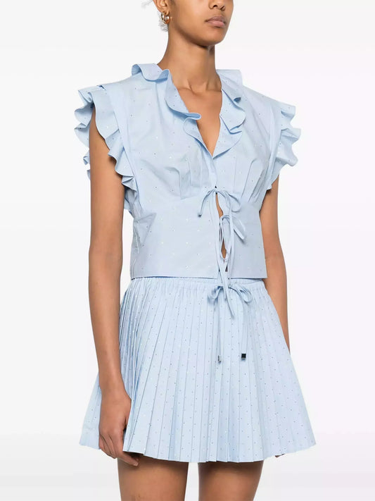 Blue Crystal-Embellished Blouse and Mini Skirt Set - Suits & Sets