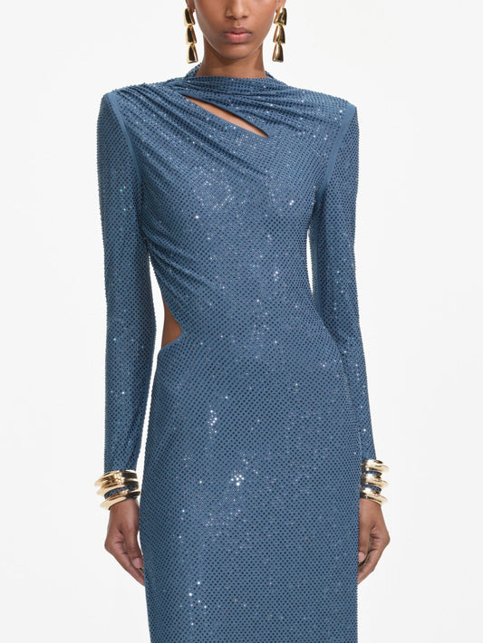 Blue Crystal-Embellished Gathered Gown - Dresses