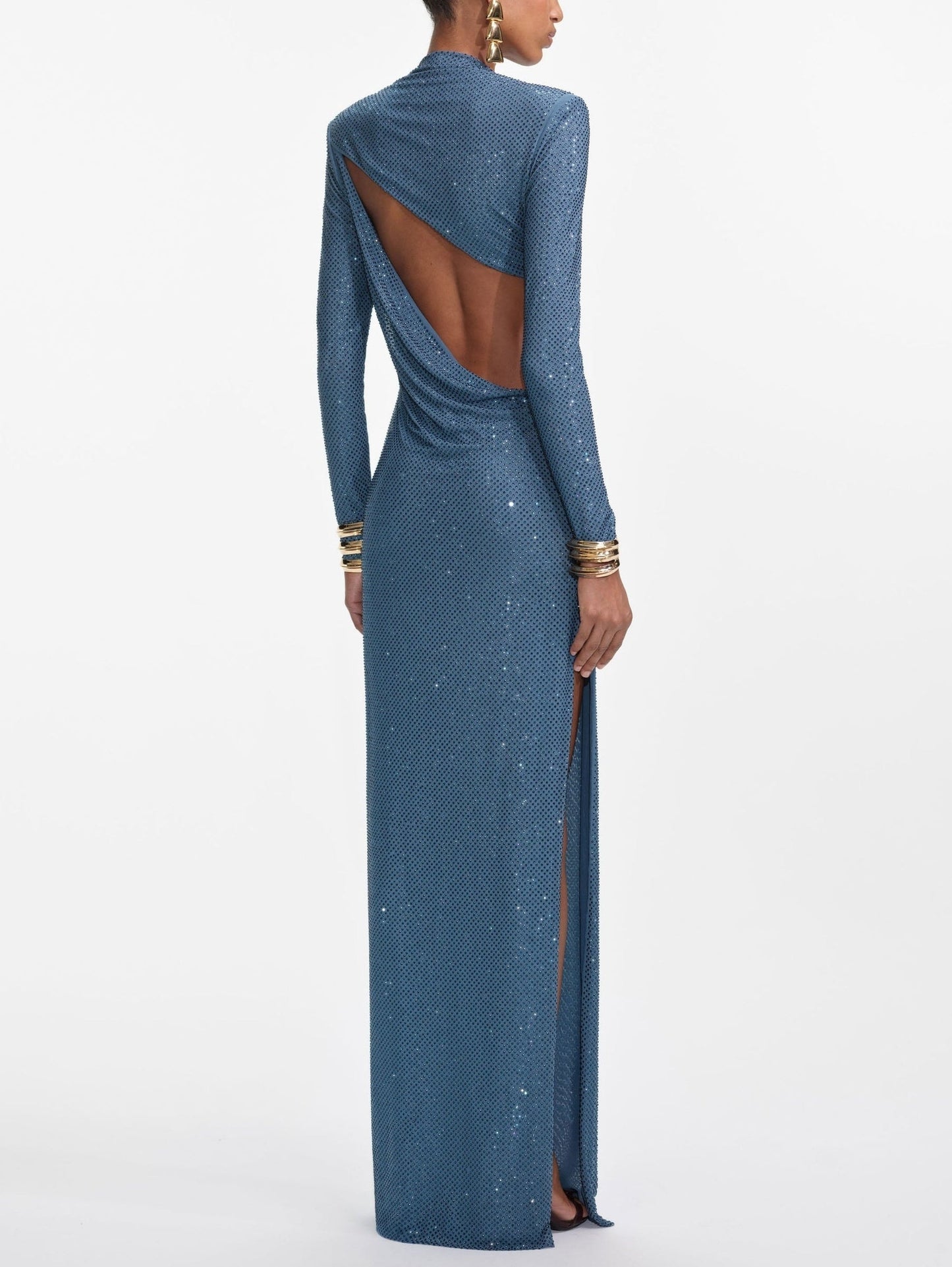 Blue Crystal-Embellished Gathered Gown - Dresses