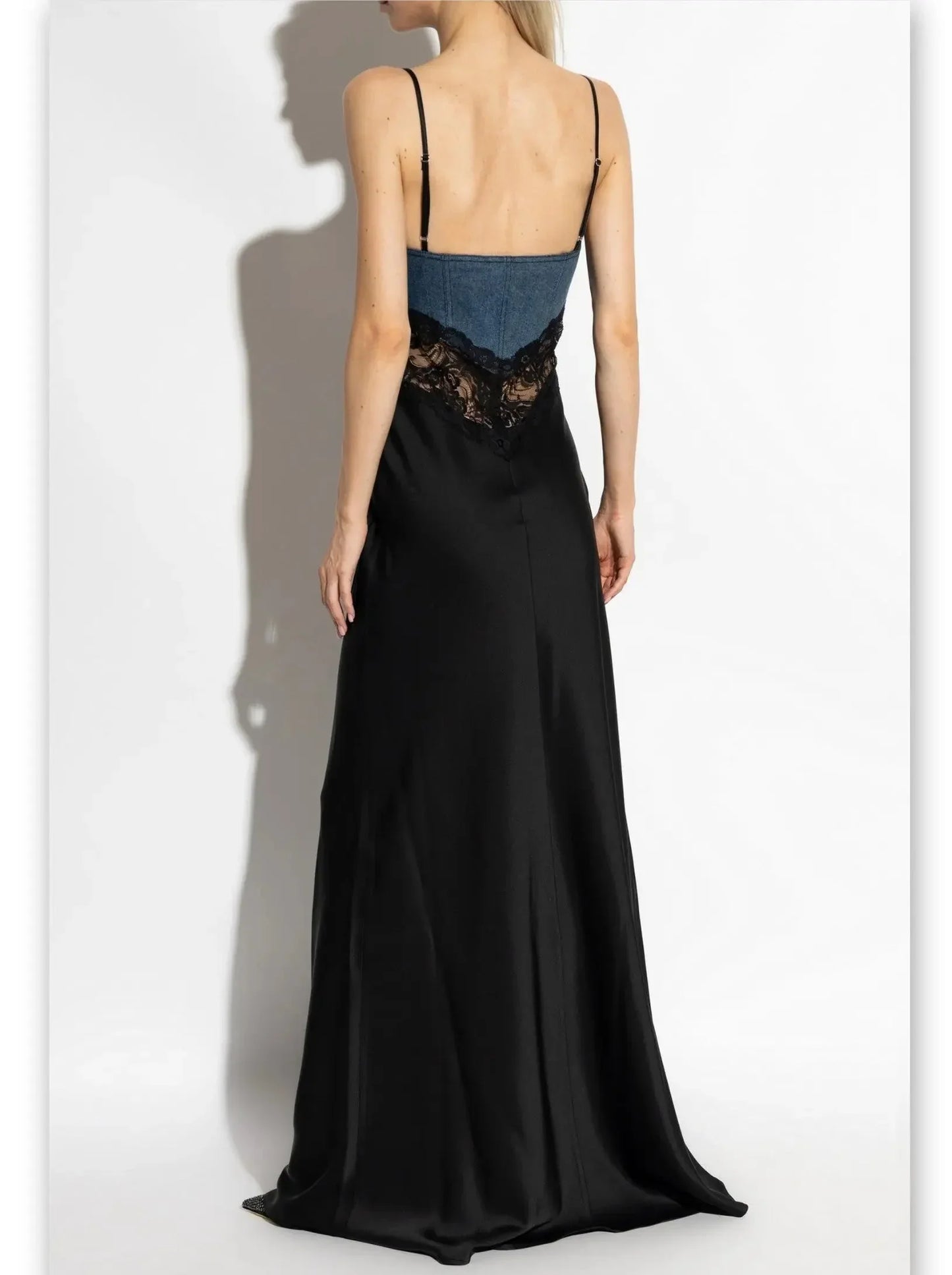Blue Denim and Black with Lace Insert Long Maxi Dress - Dresses