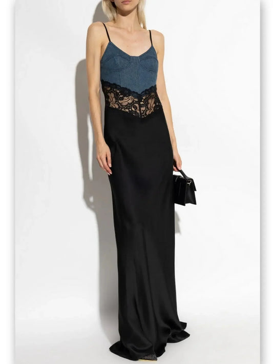 Blue Denim and Black with Lace Insert Long Maxi Dress - Dresses