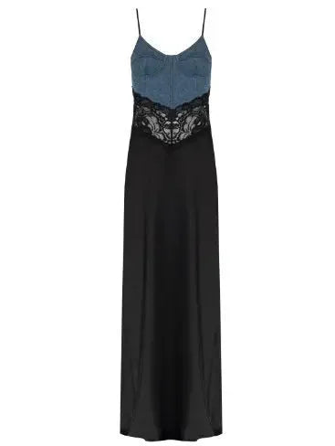Blue Denim and Black with Lace Insert Long Maxi Dress - Dresses