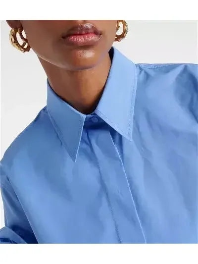 Blue Floral-Appliqué Short-Sleeve Cotton Shirt - Tops