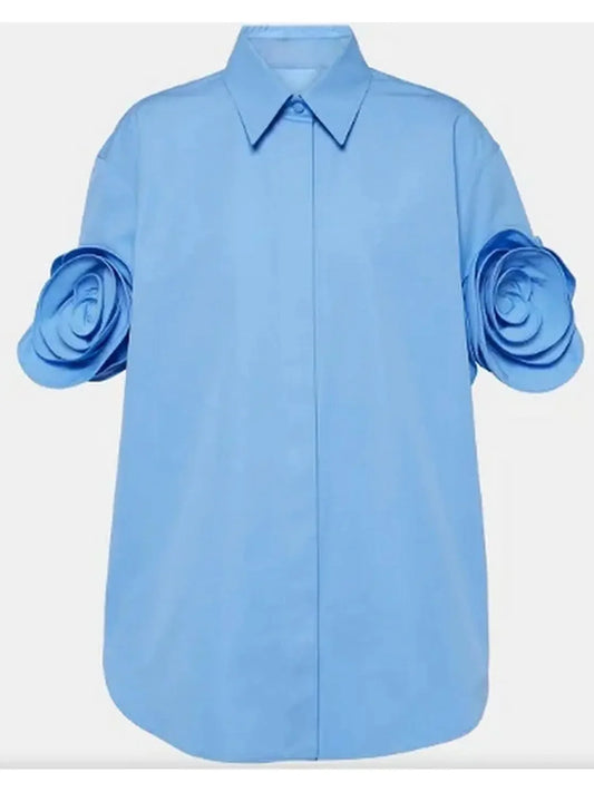 Blue Floral-Appliqué Short-Sleeve Cotton Shirt - Tops