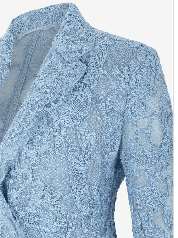 Blue Floral Lace Single-Breasted Blazer - Jackets