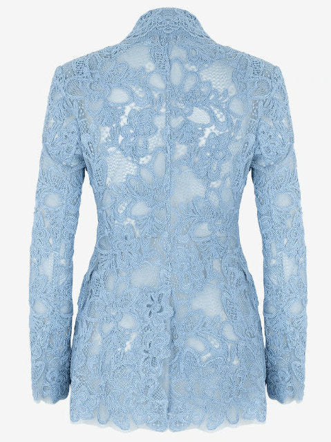 Blue Floral Lace Single-Breasted Blazer - Jackets