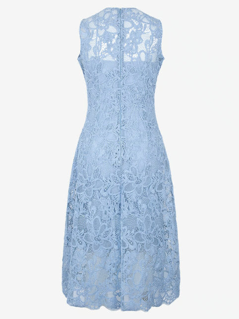 Blue Floral Lace Sleeveless Midi Dress - Dresses