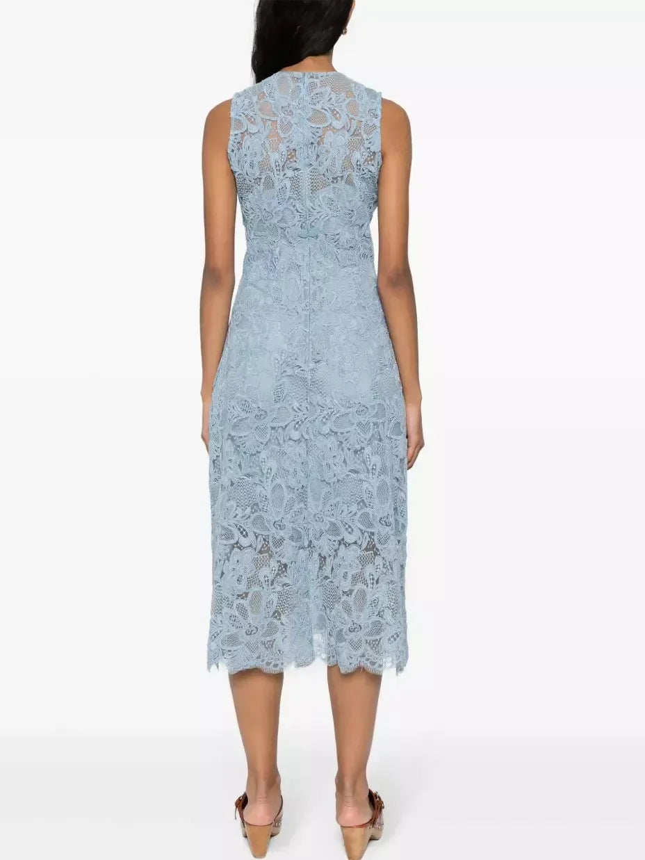 Blue Floral Lace Sleeveless Midi Dress - Dresses