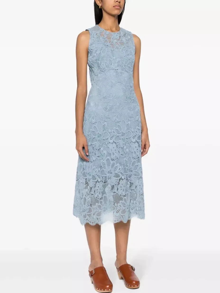 Blue Floral Lace Sleeveless Midi Dress - Dresses