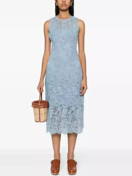 Blue Floral Lace Sleeveless Midi Dress - Dresses