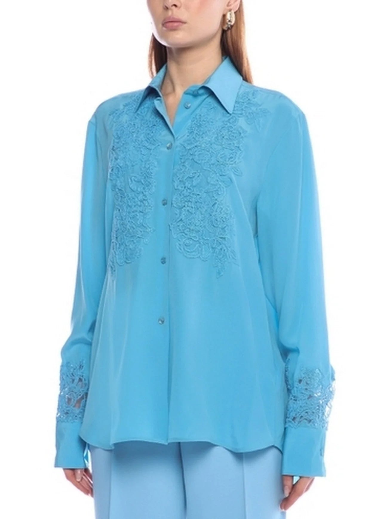 Blue Lace Detailed Silk Shirt - Tops