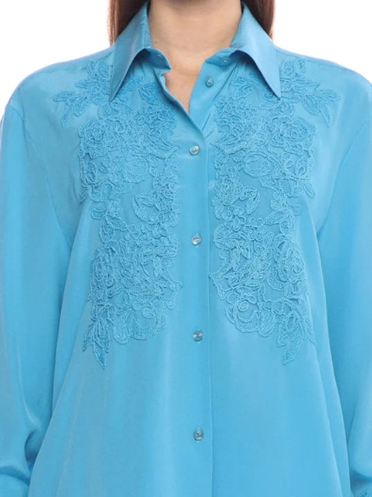 Blue Lace Detailed Silk Shirt - Tops