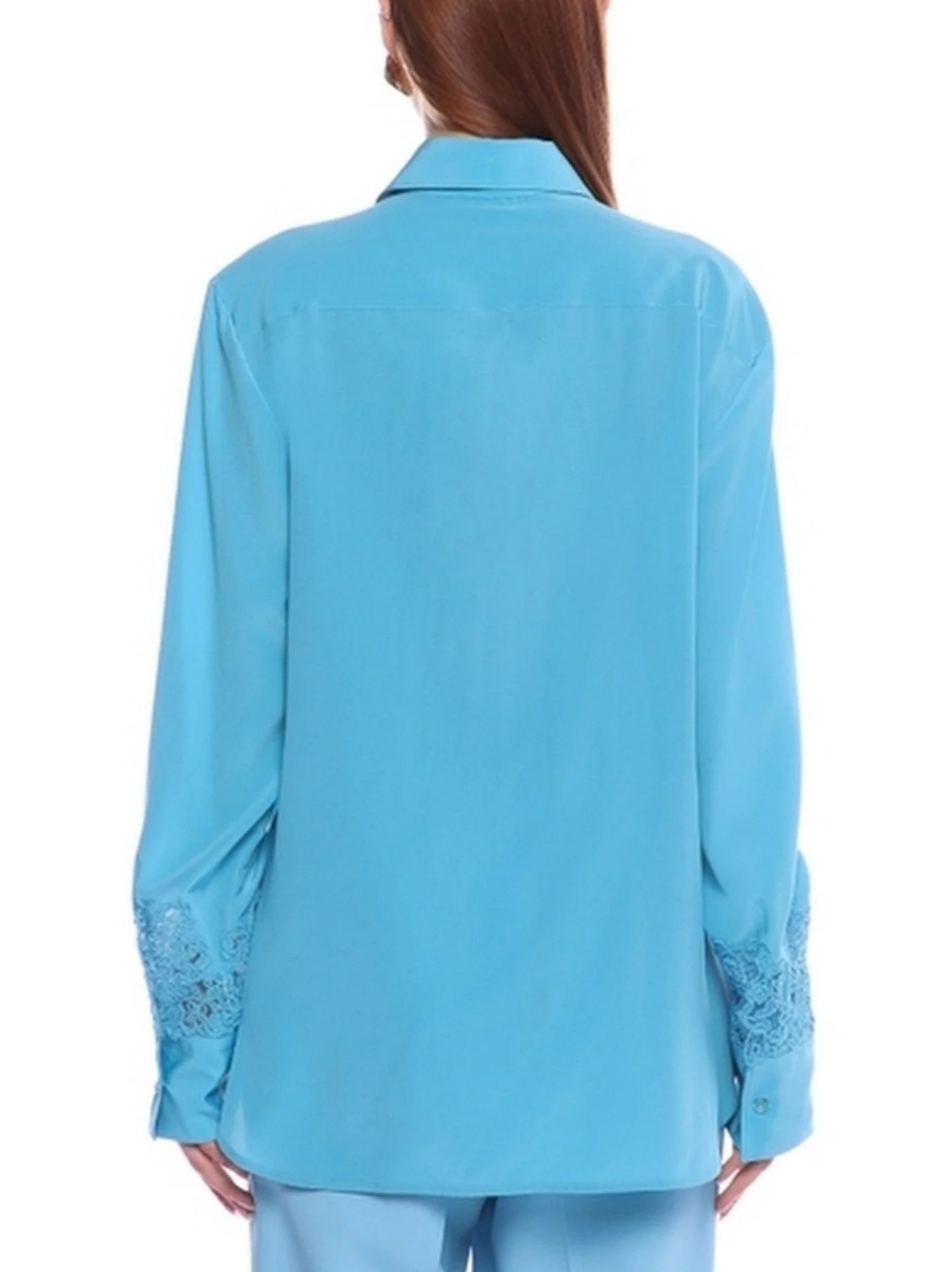 Blue Lace Detailed Silk Shirt - Tops