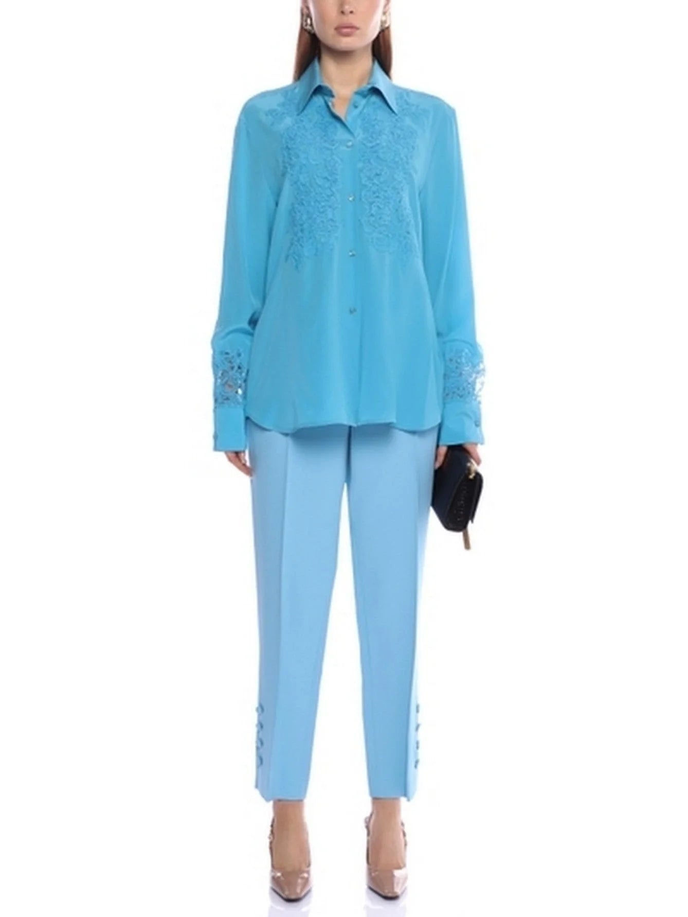 Blue Lace Detailed Silk Shirt - Tops
