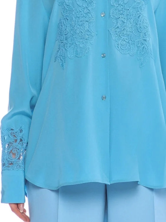 Blue Lace Detailed Silk Shirt - Tops