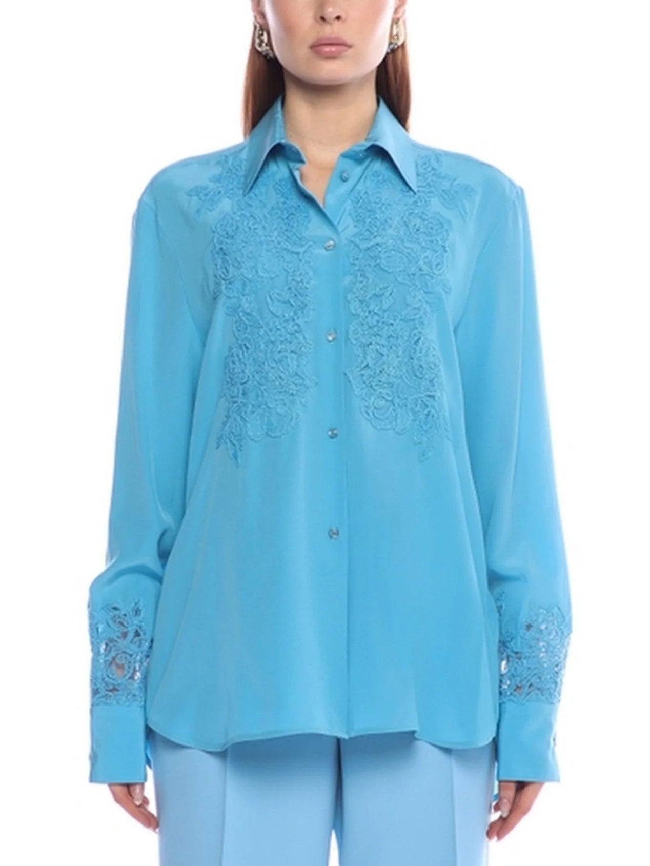 Blue Lace Detailed Silk Shirt - S - Tops