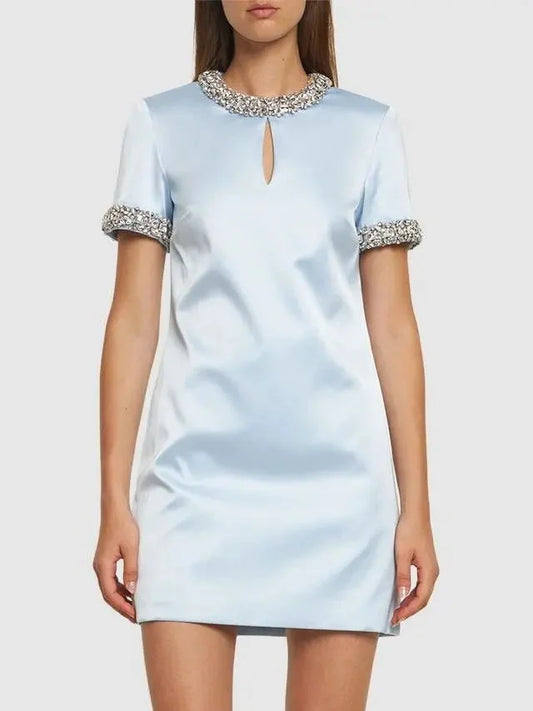 Blue Satin Embellished Mini Dress - Dresses