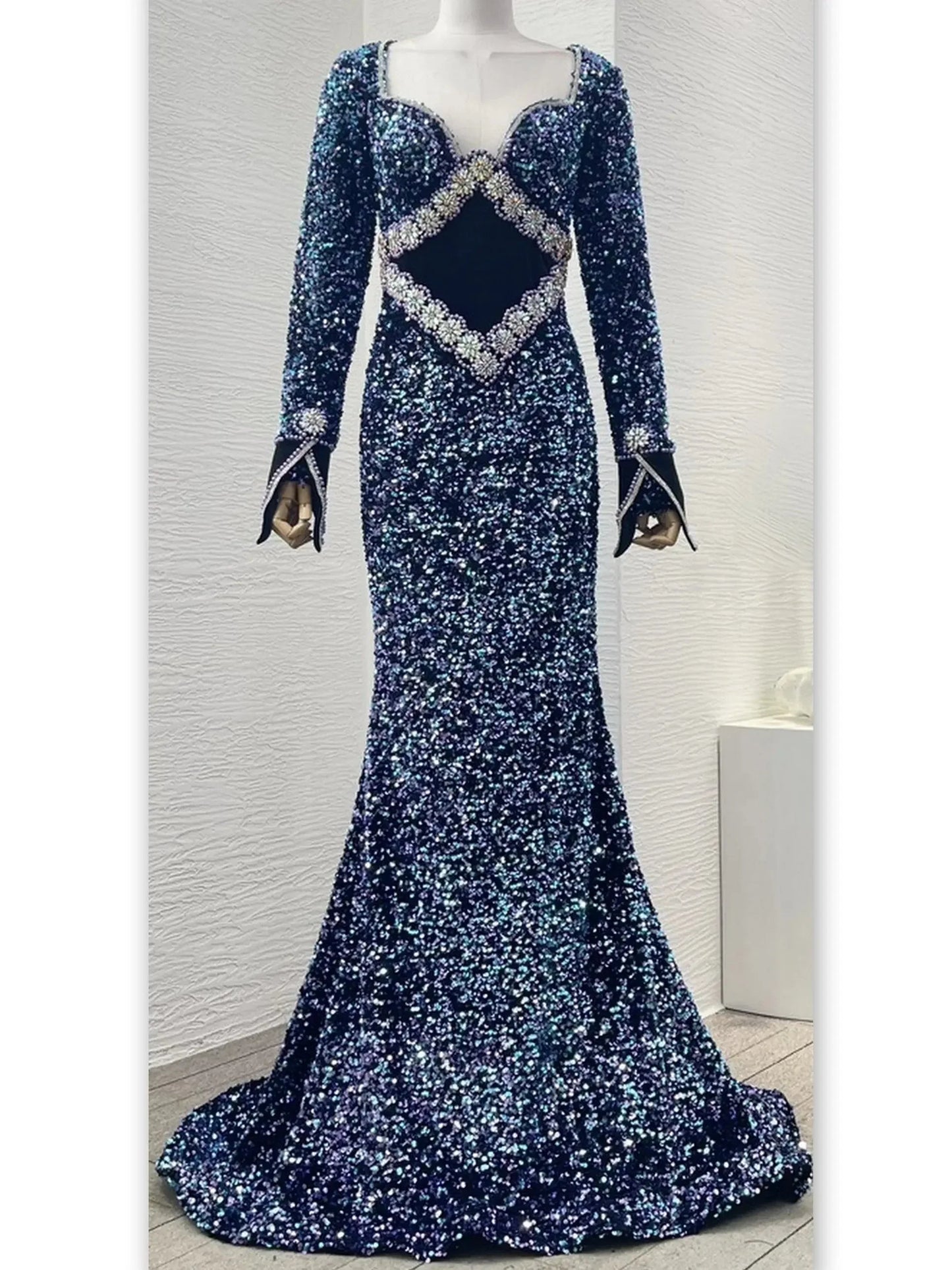 Blue Sequin and Bead Embellished Long Mermaid Gown - Dresses