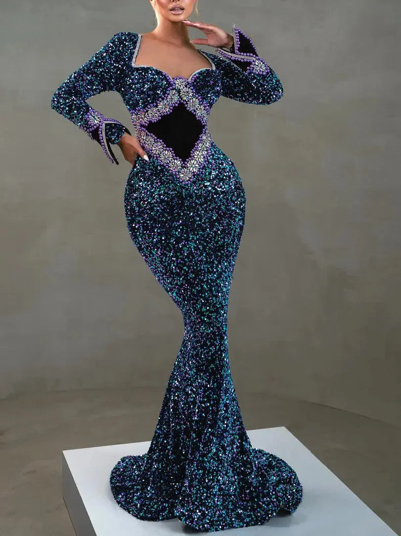 Blue Sequin and Bead Embellished Long Mermaid Gown - Dresses