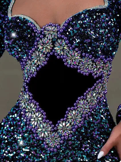 Blue Sequin and Bead Embellished Long Mermaid Gown - Dresses