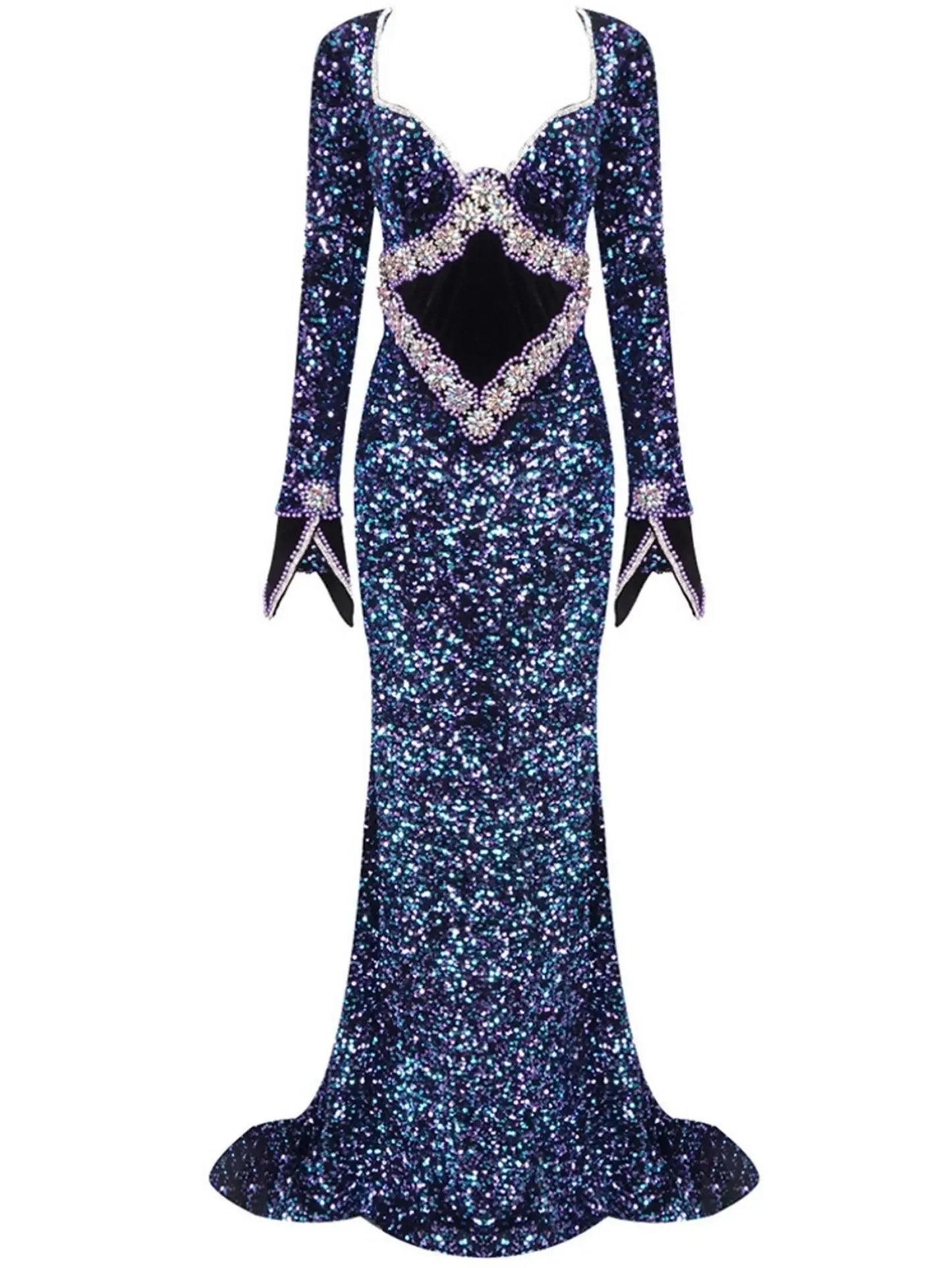 Blue Sequin and Bead Embellished Long Mermaid Gown - Dresses