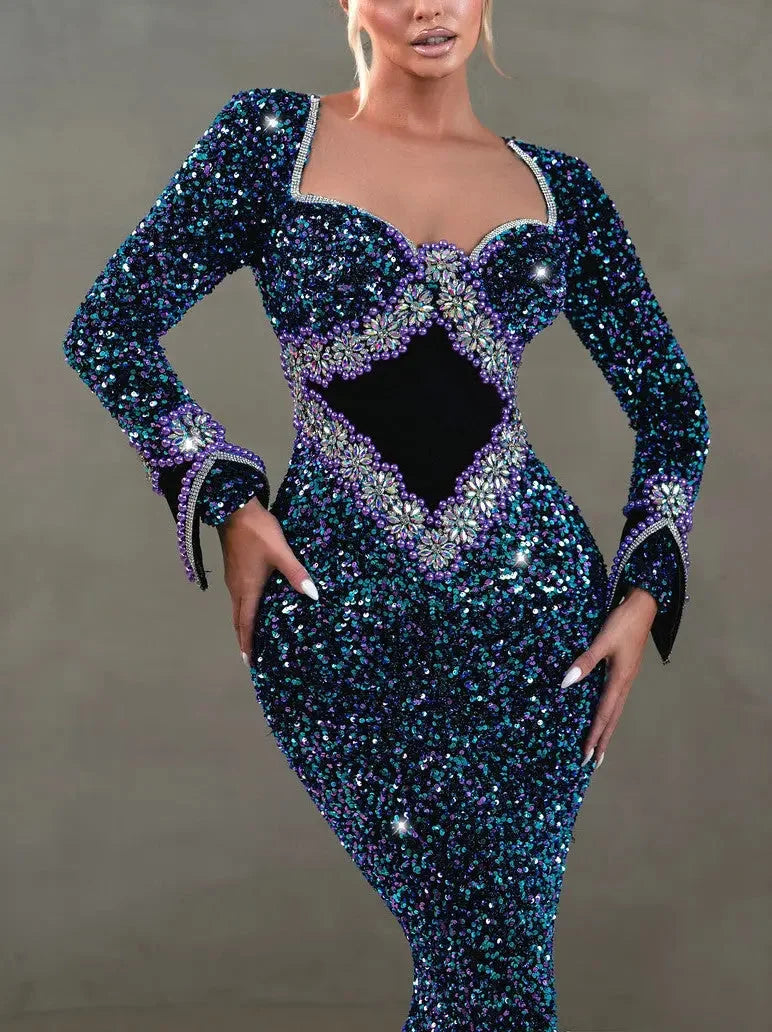 Blue Sequin and Bead Embellished Long Mermaid Gown - Dresses