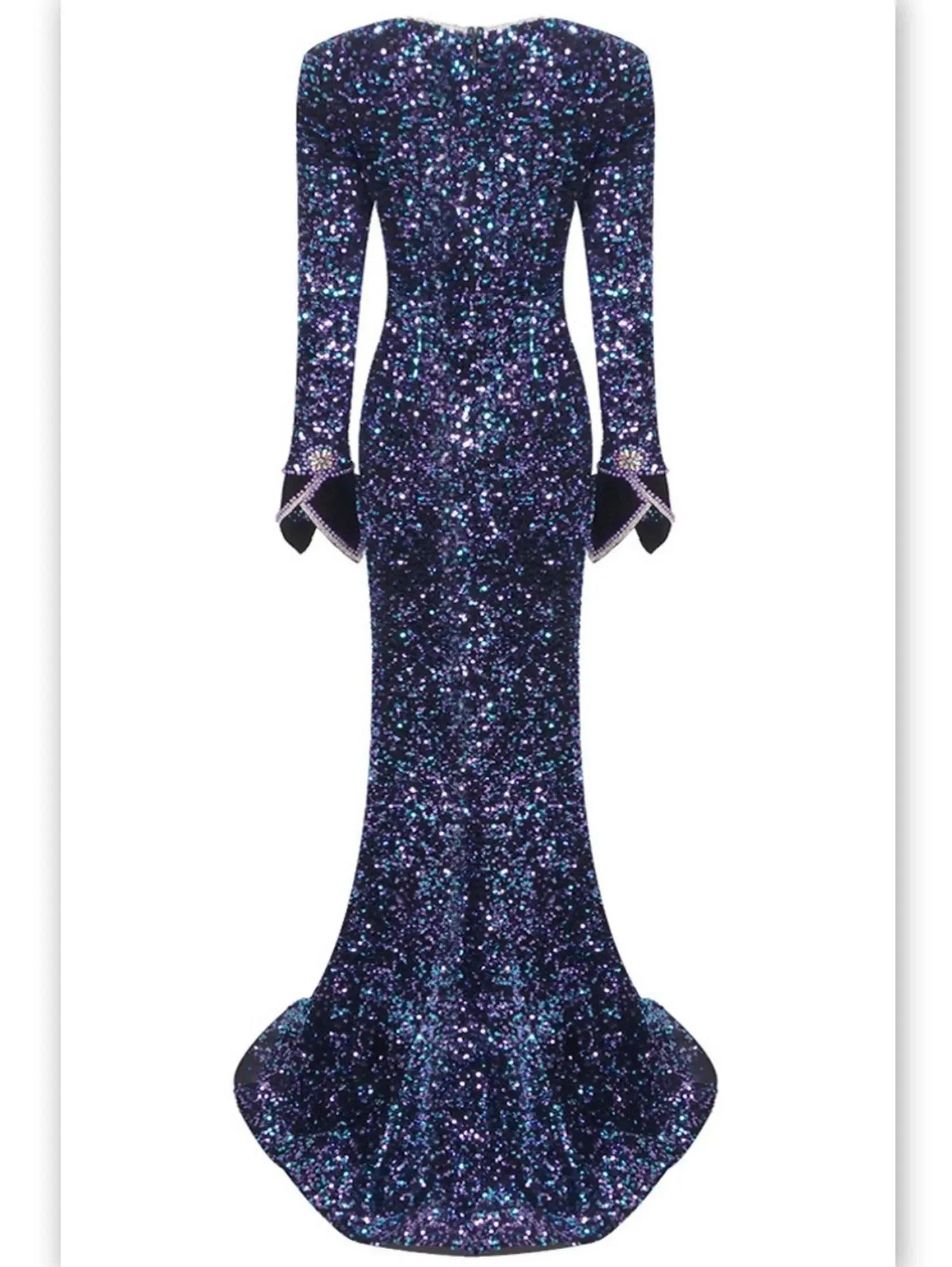 Blue Sequin and Bead Embellished Long Mermaid Gown - Dresses