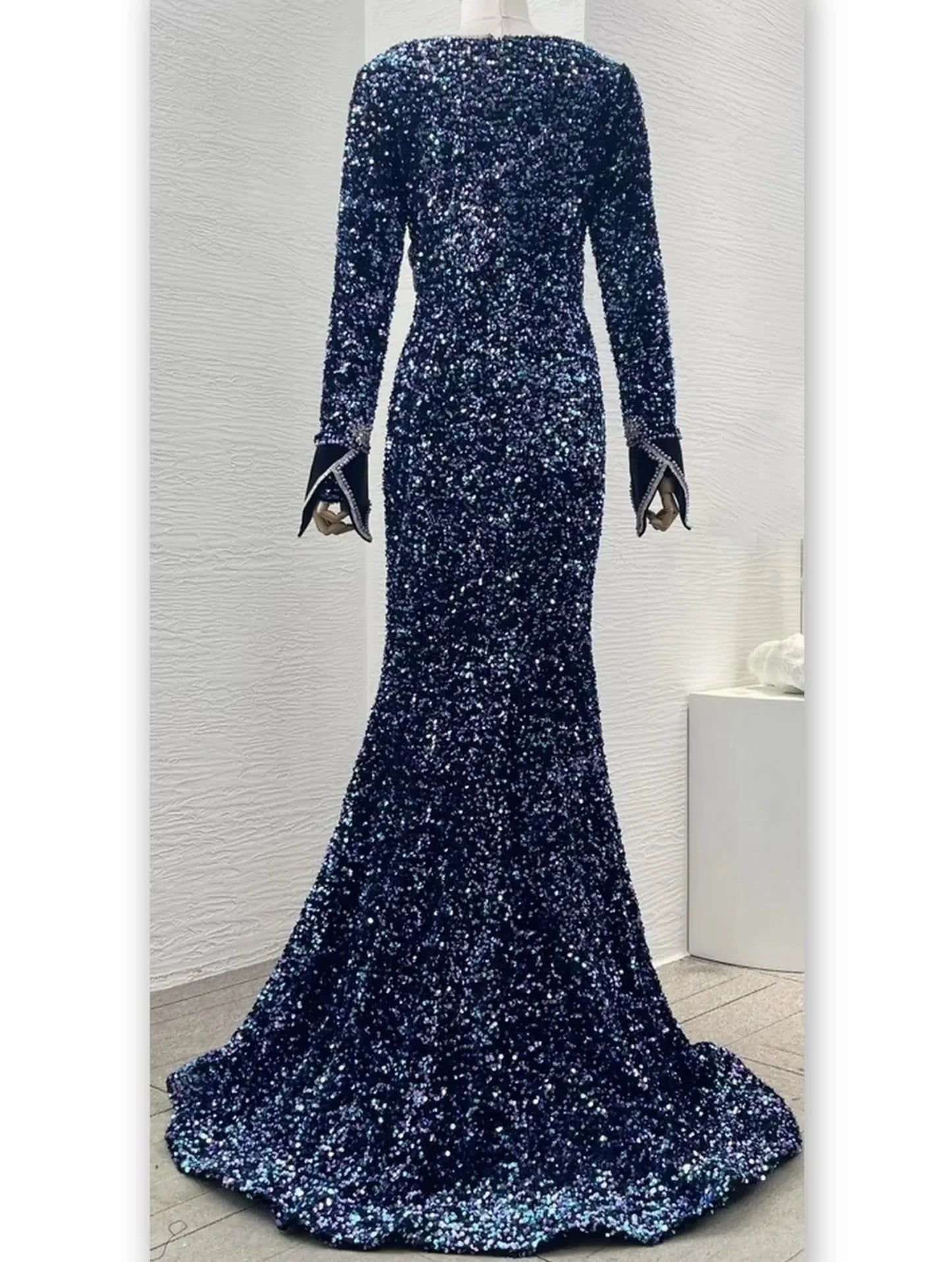 Blue Sequin and Bead Embellished Long Mermaid Gown - Dresses