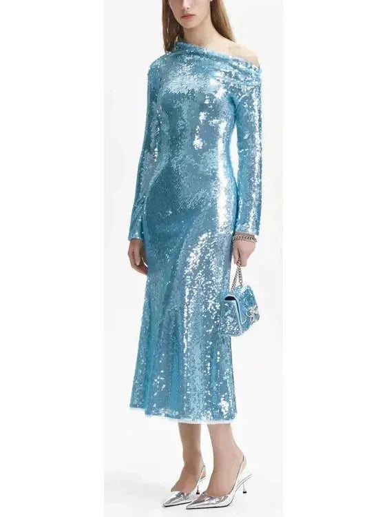 Blue Sequin Asymmetric Midi Dress - Dresses