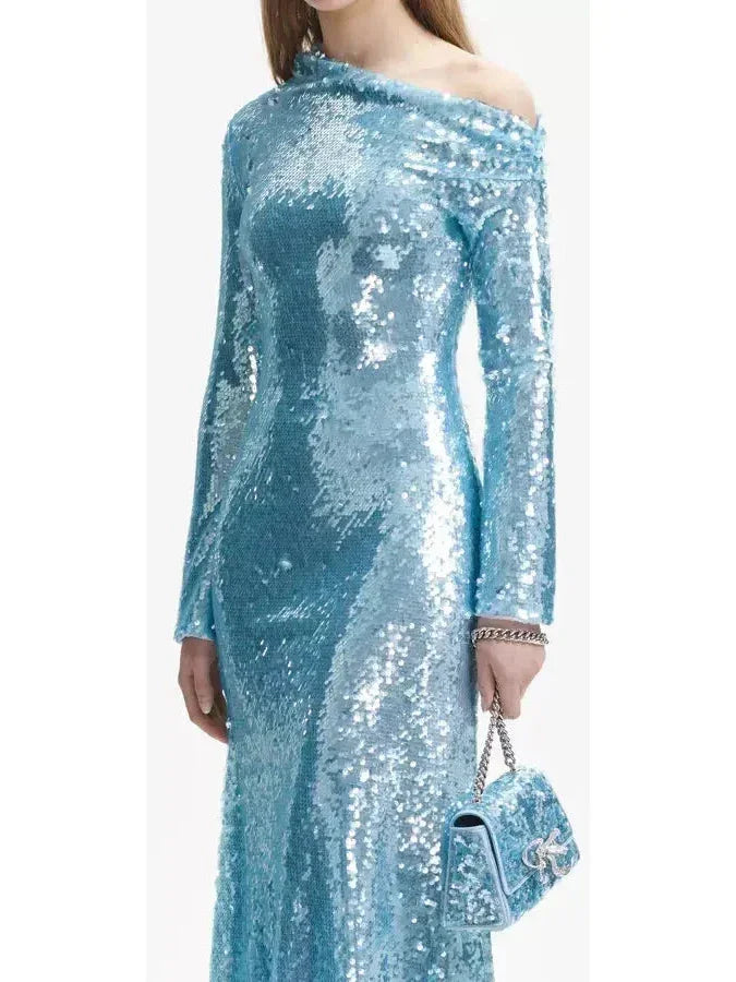 Blue Sequin Asymmetric Midi Dress - Dresses