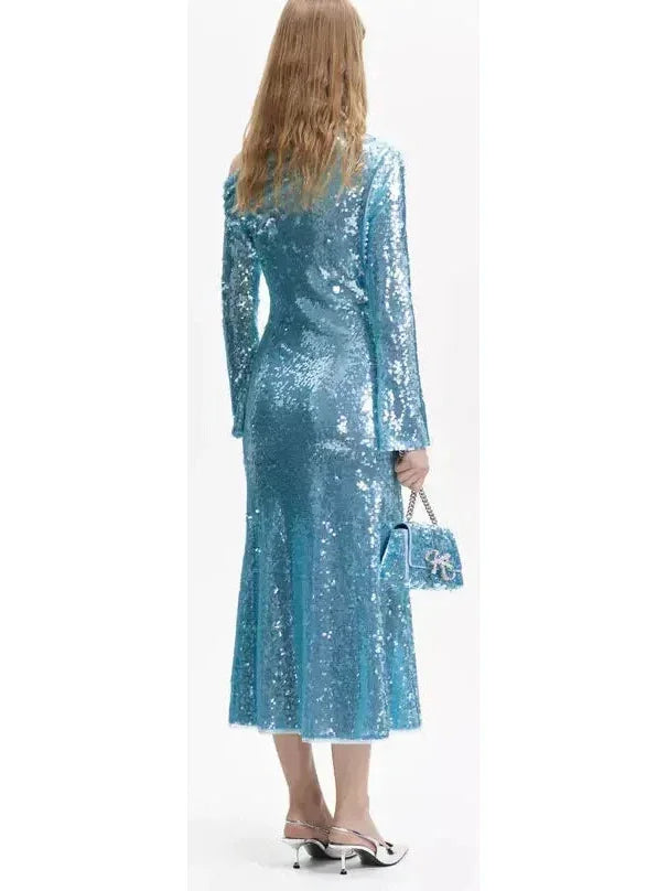 Blue Sequin Asymmetric Midi Dress - Dresses