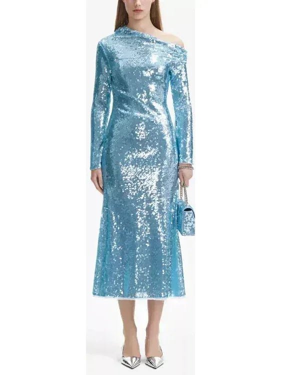 Blue Sequin Asymmetric Midi Dress - s - Dresses
