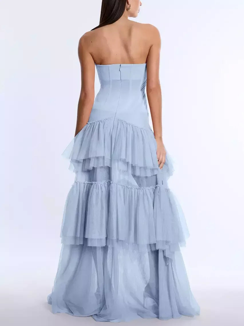 Blue Strapless Corset Tiered Gown - Dresses
