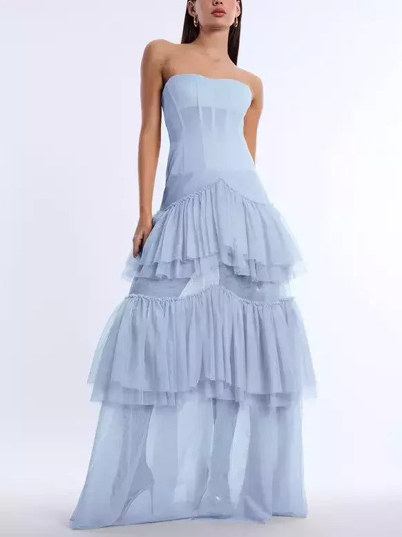 Blue Strapless Corset Tiered Gown - Dresses