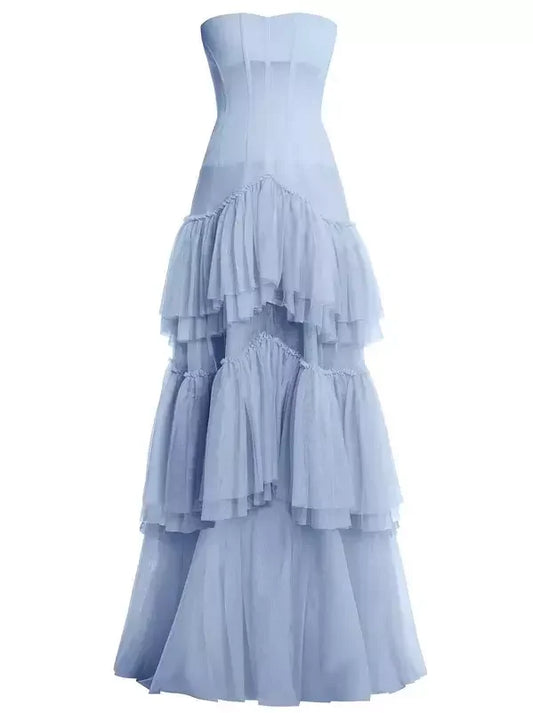 Blue Strapless Corset Tiered Gown - Dresses