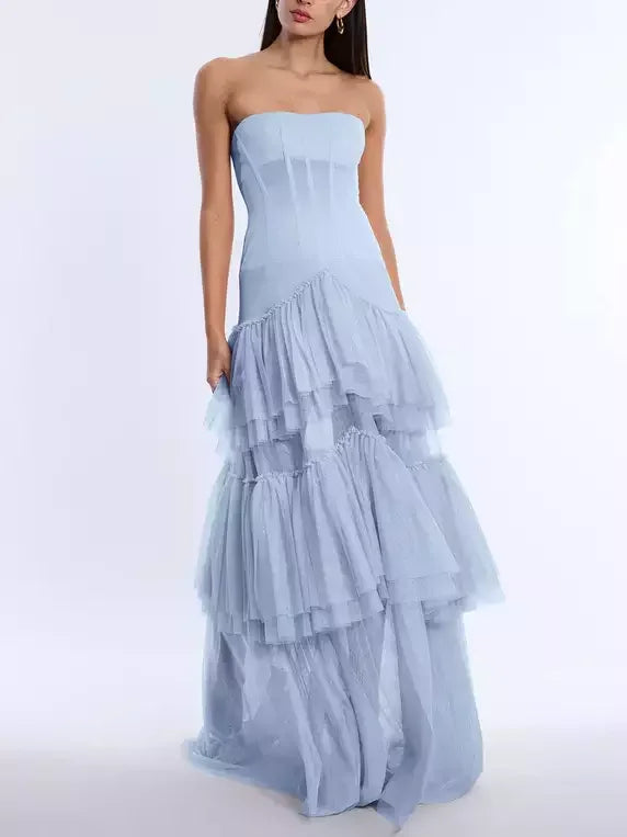 Blue Strapless Corset Tiered Gown - Dresses
