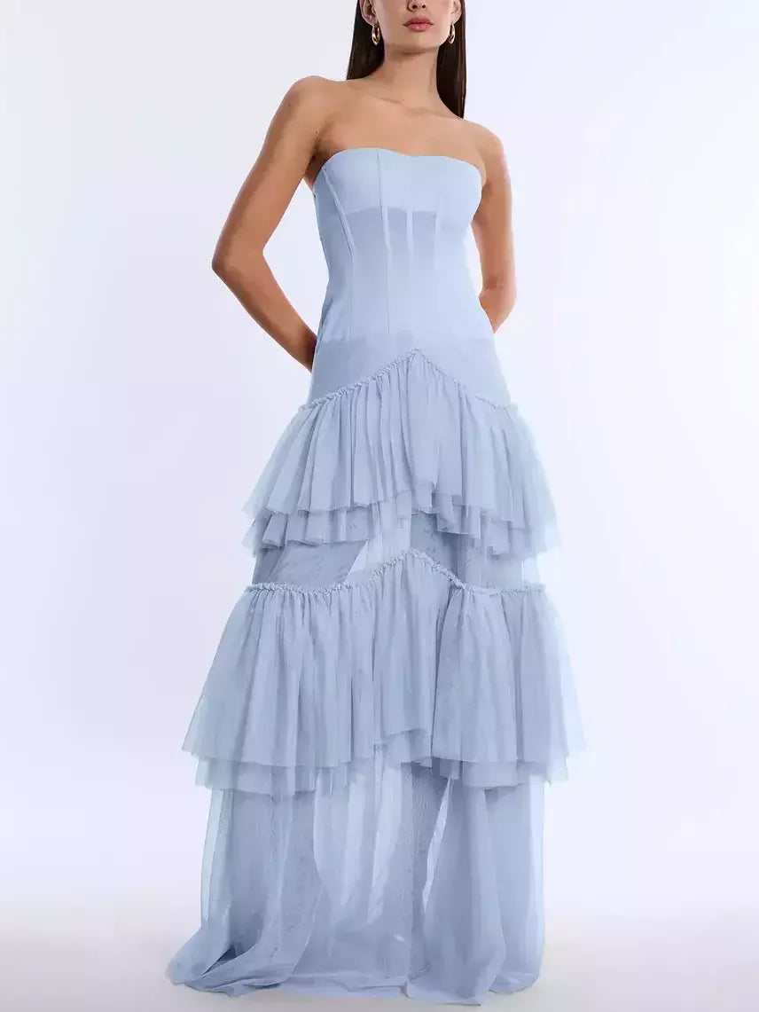 Blue Strapless Corset Tiered Gown - Dresses