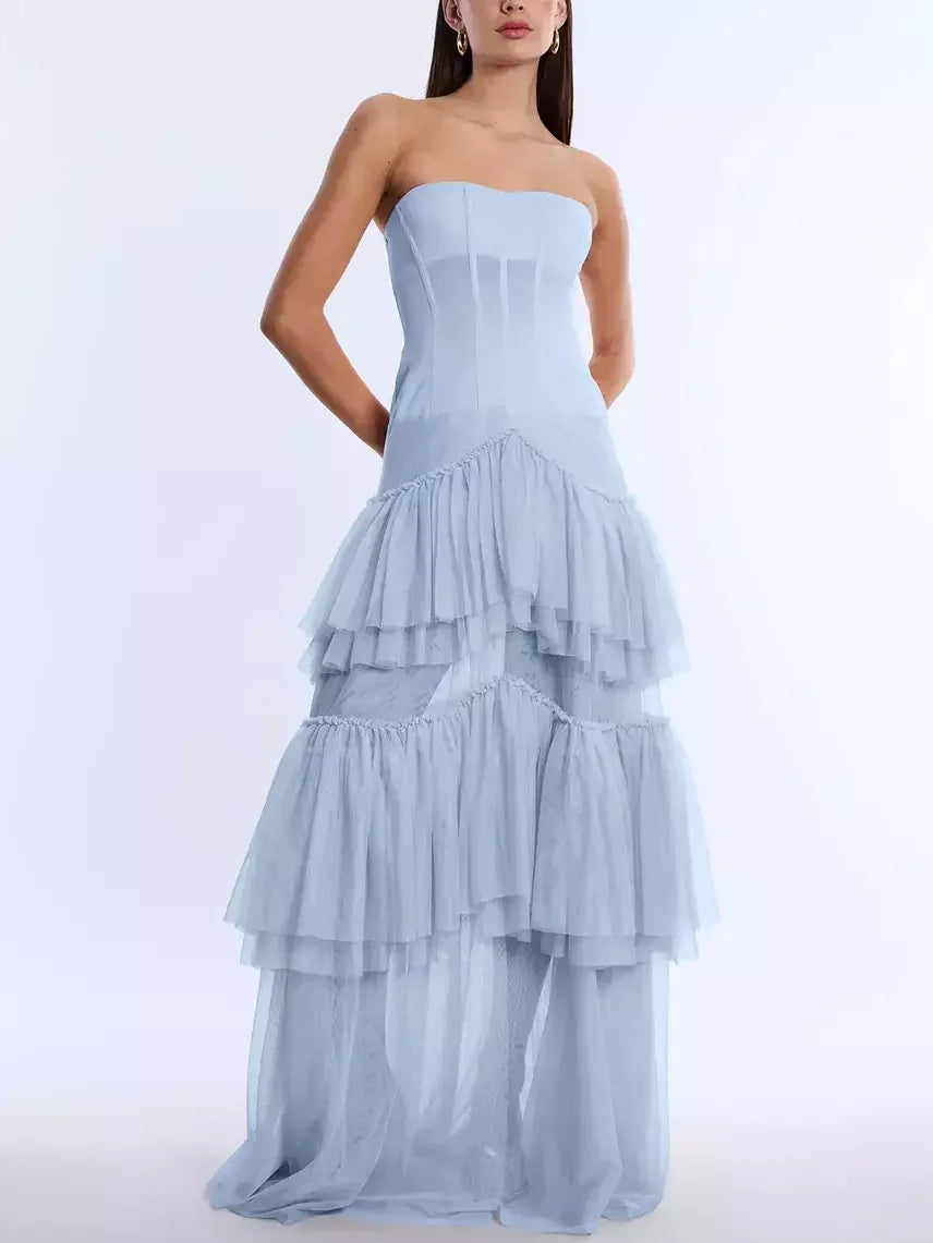 Blue Strapless Corset Tiered Gown - XXS - Dresses