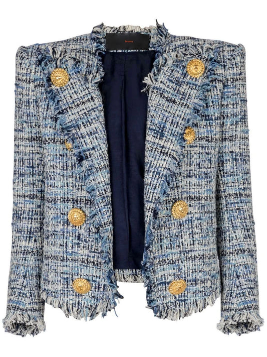 Blue Toned Frayed Tweed Cropped Jacket - Medium - Jackets
