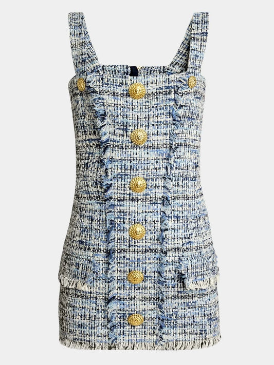 Blue Toned Frayed Tweed Mini Dress - Dresses