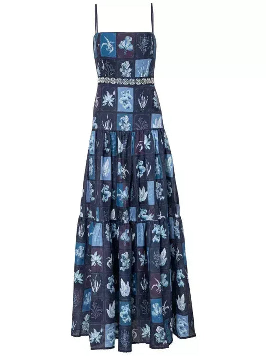 Blue Tropical Plant Printed Linen Maxi Dress - Dresses