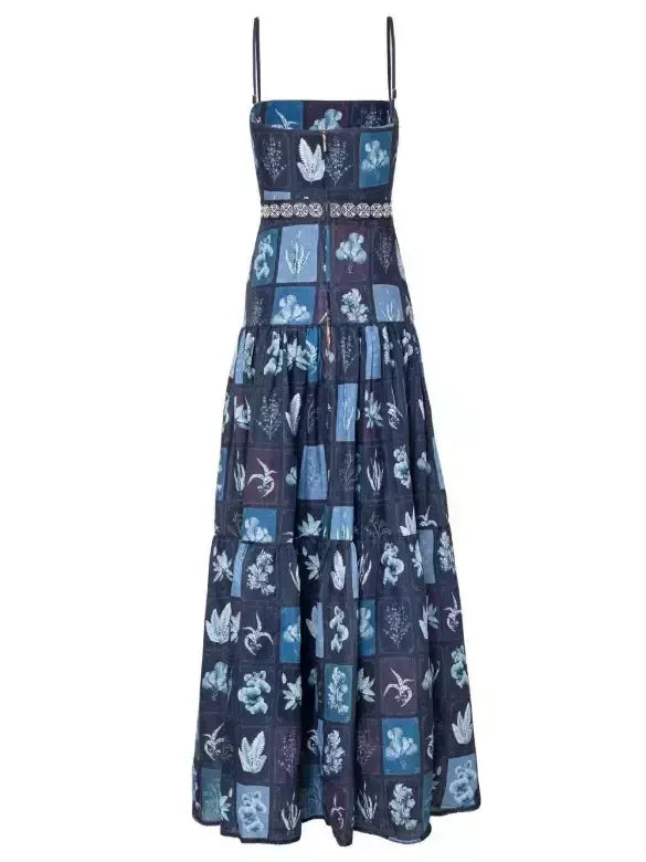 Blue Tropical Plant Printed Linen Maxi Dress - Dresses
