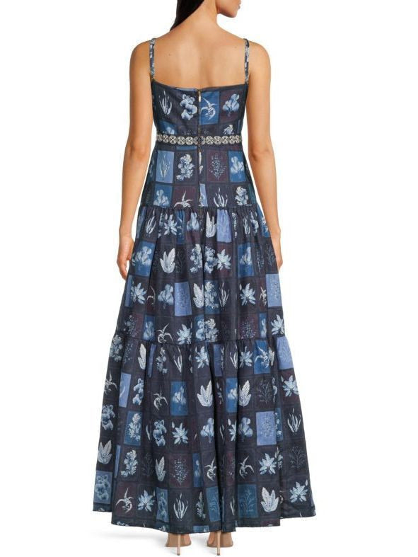 Blue Tropical Plant Printed Linen Maxi Dress - Dresses