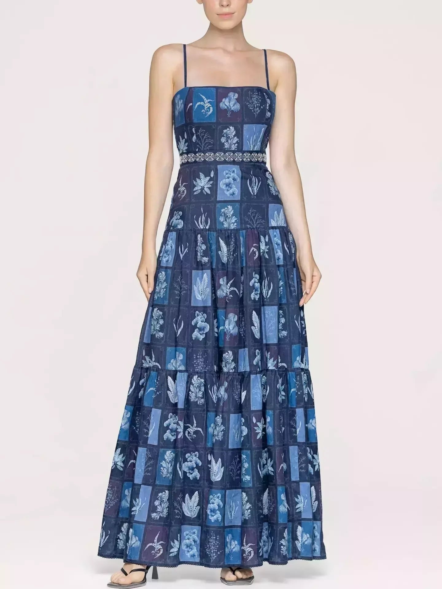 Blue Tropical Plant Printed Linen Maxi Dress - Dresses