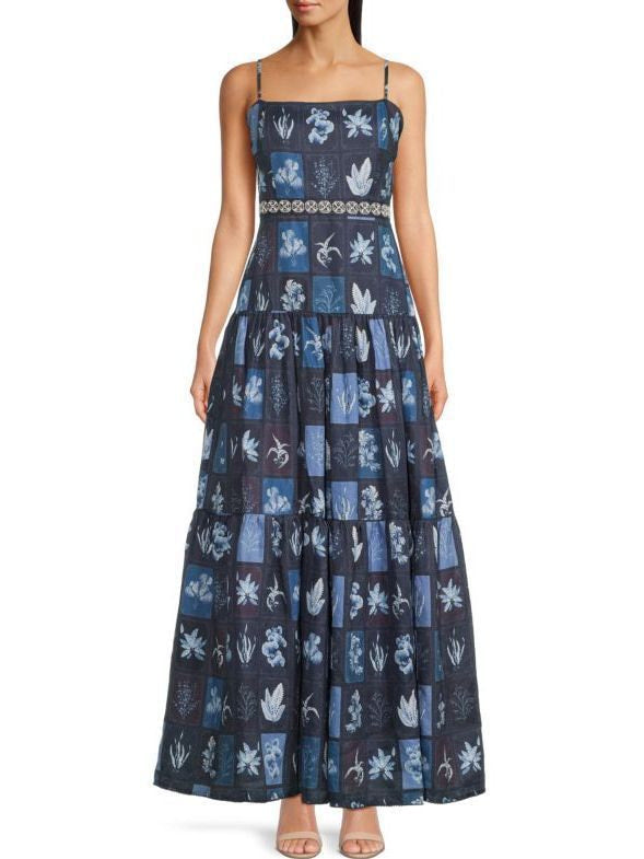 Blue Tropical Plant Printed Linen Maxi Dress - Dresses