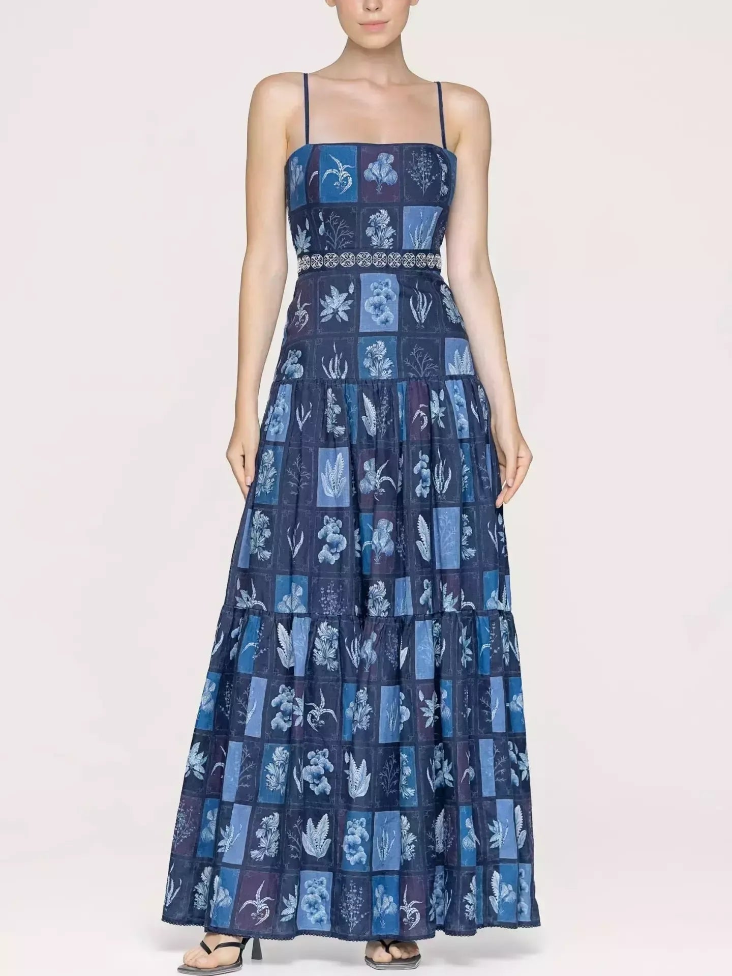 Blue Tropical Plant Printed Linen Maxi Dress - Dresses