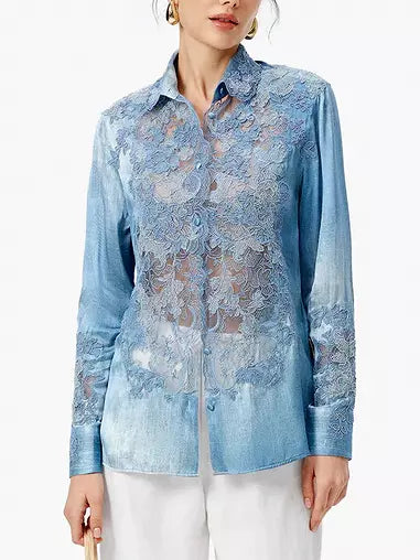 Blue Washed Silk and Lace-Panel Blouse featuring elegant blue lace embellishments
